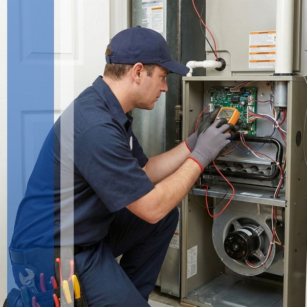 Technician testing furnace circuit board with a multimeter Technician testing furnace circuit board with a multimeter