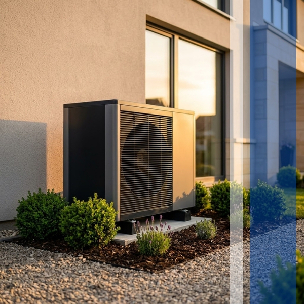 A wide shot of a sleek, dark gray and black modern outdoor heat pump unit sitting on a concrete pad surrounded by small green bushes and gravel landscaping next to the exterior wall of a modern home during golden hour.