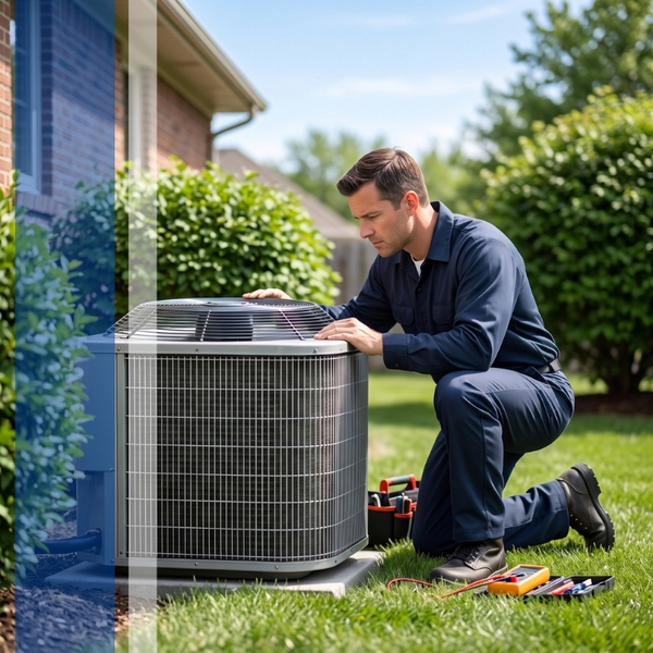 An HVAC technician wearing a navy blue uniform kneels on the grass, inspecting the top grate of a large outdoor residential air conditioning unit positioned next to a brick house and green bushes.