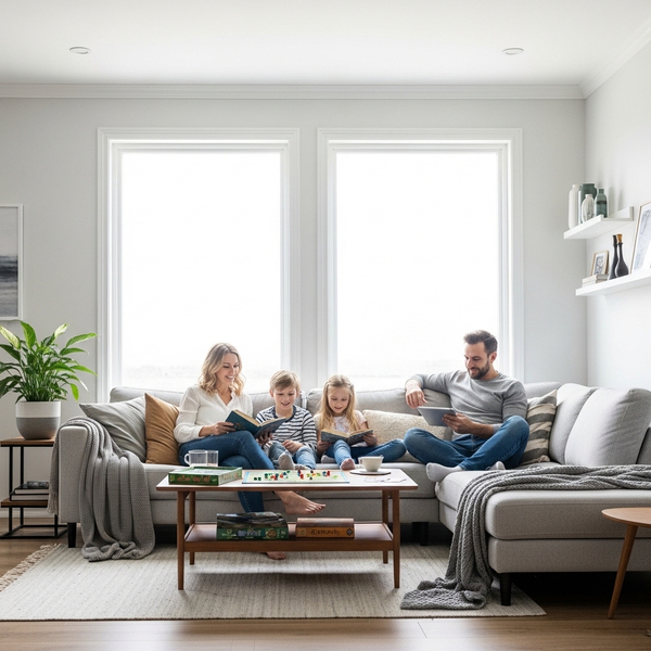 Family enjoying a cool and dehumidified indoor living room environment.