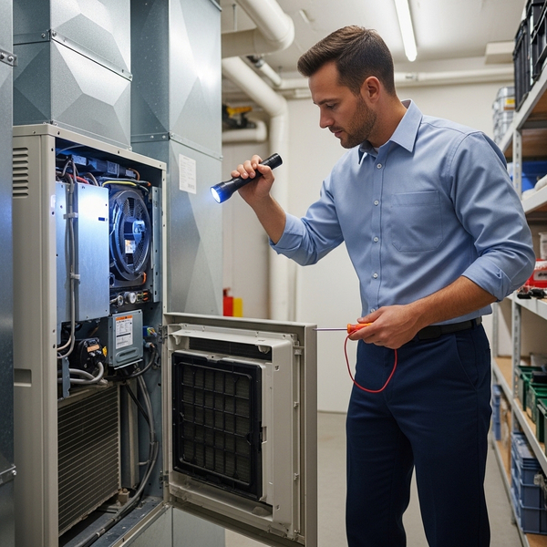 Professional HVAC technician performing a routine maintenance tune-up on an indoor unit.