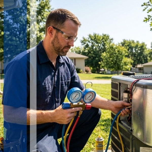 HVAC technician checking pressure gauges on an outdoor AC unit