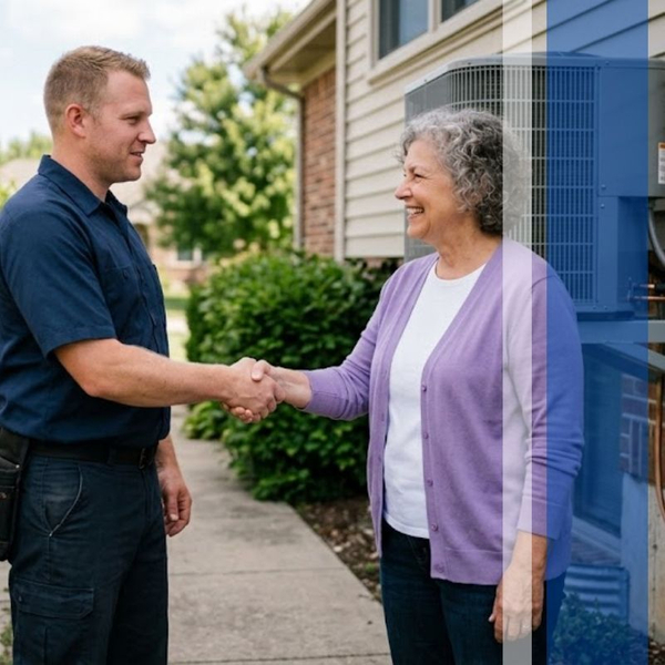 Technician shaking hands with a homeowner outside