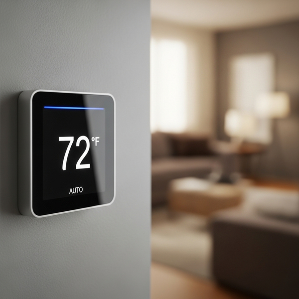 Close-up of a smart thermostat reflecting energy-efficient cooling settings.