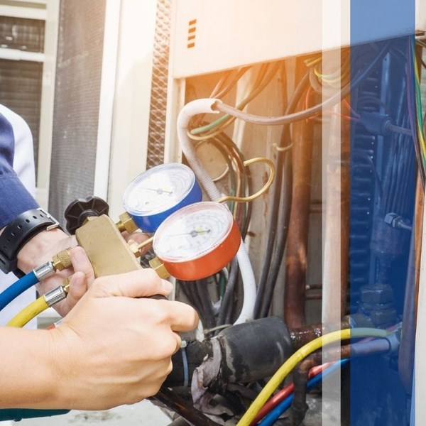 Close-up of technician holding manifold gauges near AC wiring
