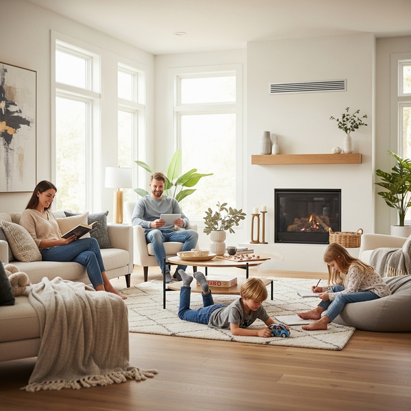 Family relaxing in a comfortably heated living room.