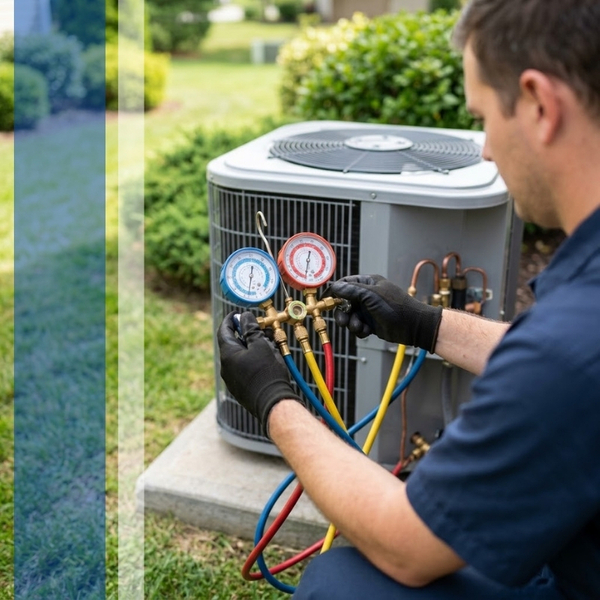 An HVAC technician kneels next to an outdoor air conditioning unit in a residential yard, using both gloved hands to connect and adjust a set of manifold gauges with blue, yellow, and red hoses.