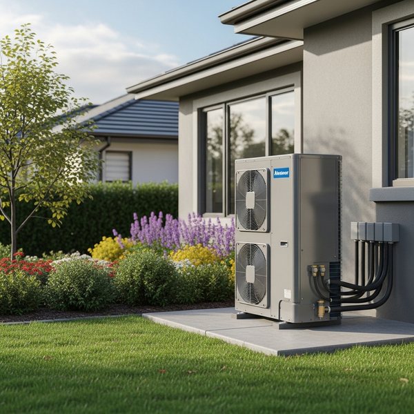 Efficient air-source heat pump system installed in a residential backyard.