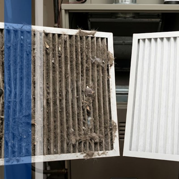 Side-by-side comparison of a dirty air filter and a clean air filter