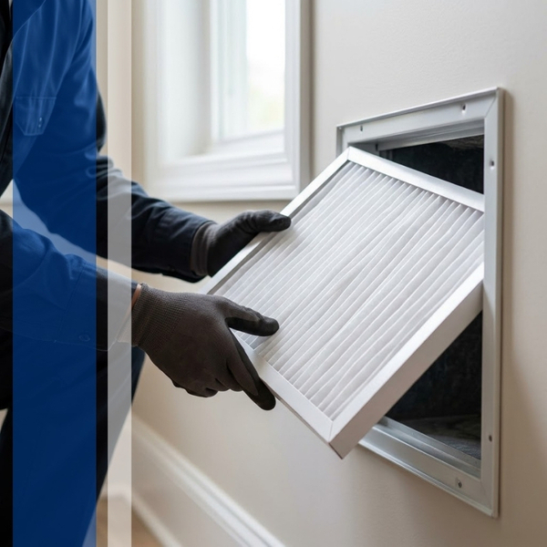 A close-up of an HVAC technician in a blue uniform removing a clean, white, pleated air filter from a square return vent located low on a beige interior wall.