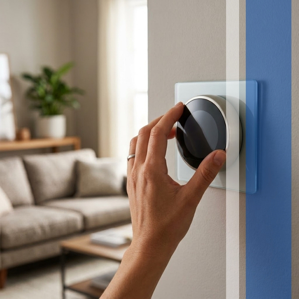 A close-up of a person's hand adjusting a modern, circular smart thermostat mounted on a light-colored wall, with a softly blurred, neutral-toned living room in the background. A close-up of a person's hand adjusting a modern, circular smart thermostat mounted on a light-colored wall, with a softly blurred, neutral-toned living room in the background.