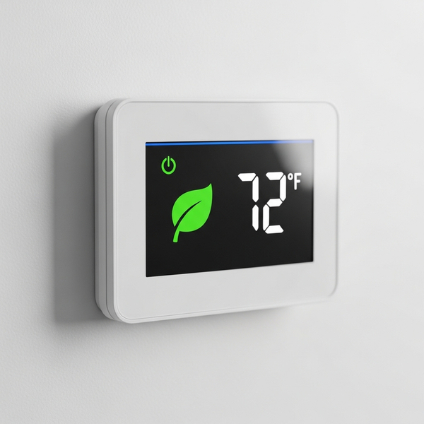 Digital thermostat showing energy-efficient settings.