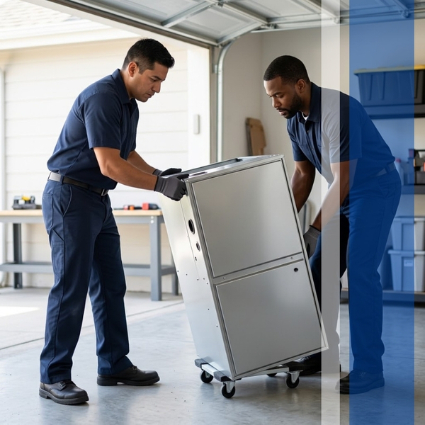 Two male HVAC technicians wearing matching navy blue uniforms are carefully rolling a large, new silver indoor furnace unit on a small dolly inside a residential garage. Two male HVAC technicians wearing matching navy blue uniforms are carefully rolling a large, new silver indoor furnace unit on a small dolly inside a residential garage.
