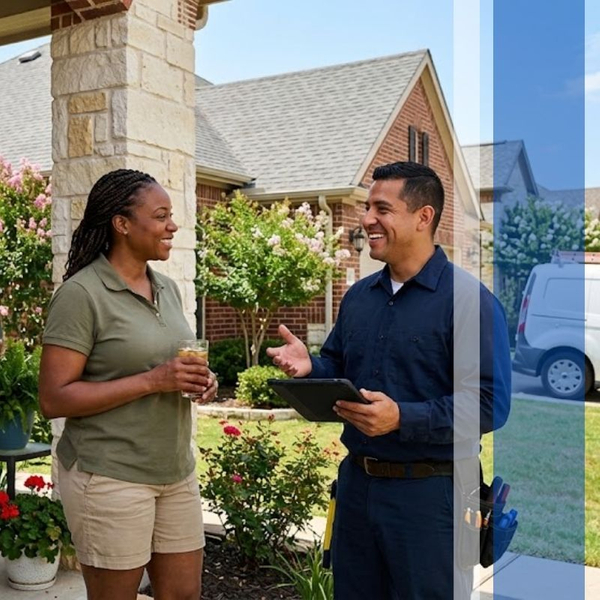 HVAC service technician talking with a homeowner outside