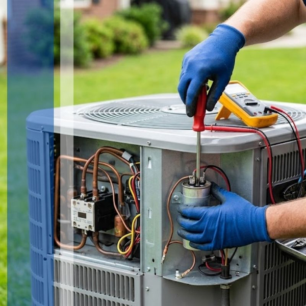 HVAC technician repairing an outdoor air conditioner unit