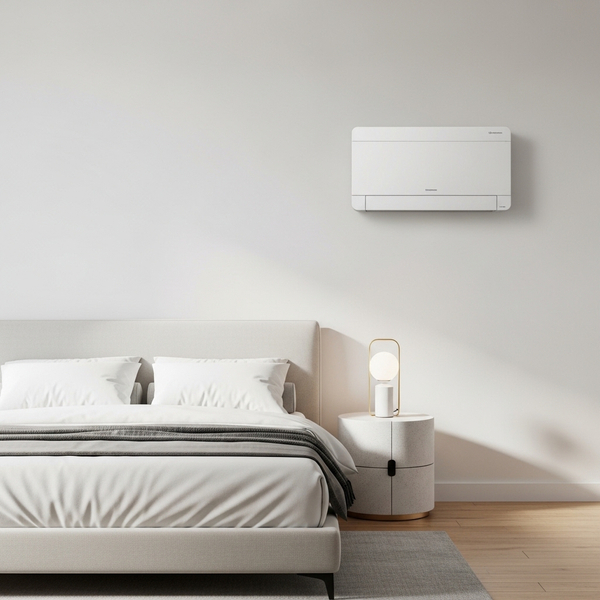 Ductless mini split heat pump mounted on a bedroom wall.