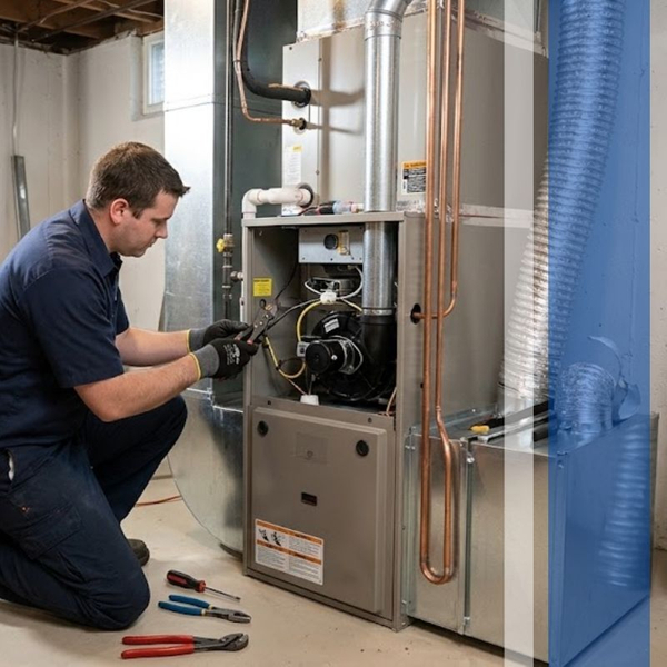 Technician servicing a home furnace system