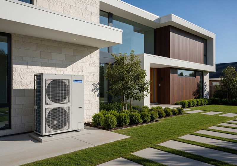 Modern air source heat pump installed outside a contemporary home.