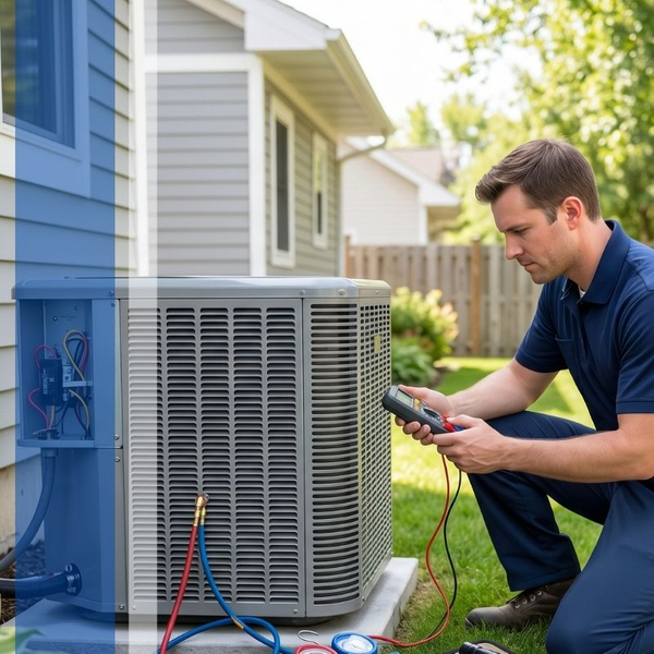 HVAC technician testing outdoor air conditioner unit with a multimeter.