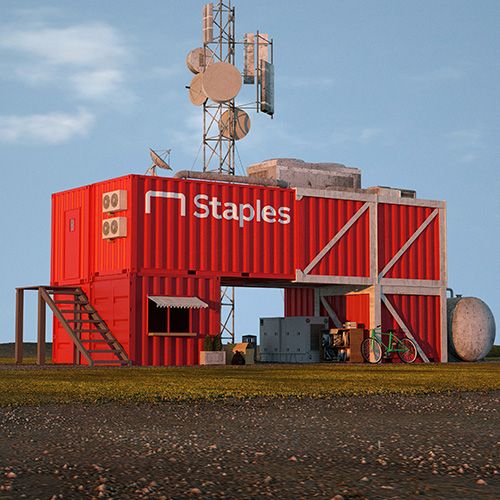 3D illustration of a shipping crate turned into a headquarters for Staples