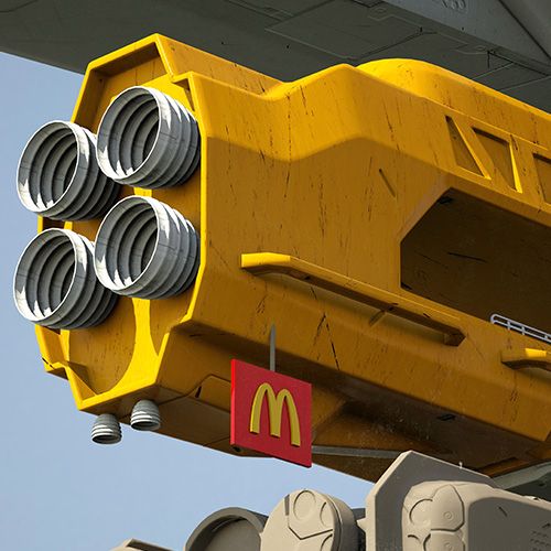 3D illustration of a rocket engine with a Mcdonald's logo on it