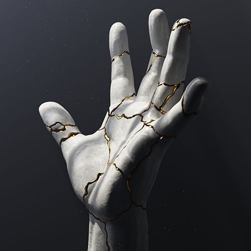 Digital illustration of a statue's hand cracking 