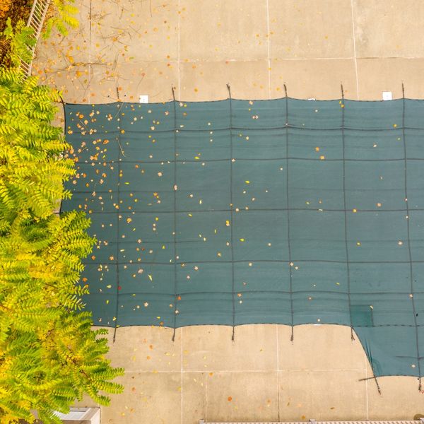 An aerial view of an inground swimming pool covered with a dark green winter safety cover, with many small yellow and orange leaves scattered across its surface and the surrounding light-colored concrete deck. Bright green and yellow autumn foliage is visible on the left side of the frame. An aerial view of an inground swimming pool covered with a dark green winter safety cover, with many small yellow and orange leaves scattered across its surface and the surrounding light-colored concrete deck. Bright green and yellow autumn foliage is visi