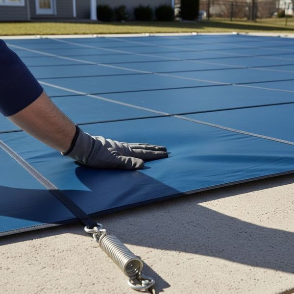 Hand testing the strong, durable surface of a pool safety cover.