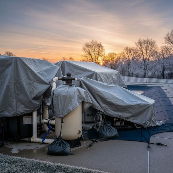 Covered and secured pool filter system protected from winter elements.