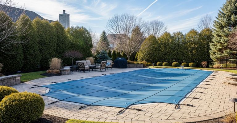Secure blue winter safety cover on an in ground pool in a residential backyard.