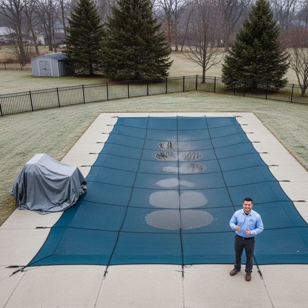 Aerial view of a clean, professionally closed swimming pool with a dark blue safety cover.