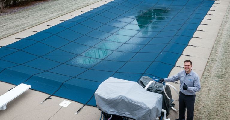 Aerial view of a clean, professionally closed swimming pool with a dark blue safety cover.