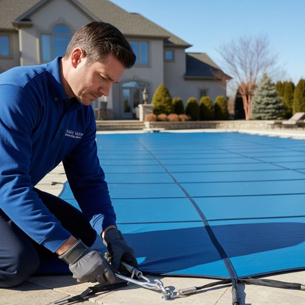 Pool technician securing a custom winter cover onto an in ground pool.