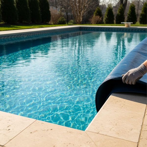 Clean, clear pool water revealed as a winter cover is partially removed in spring.