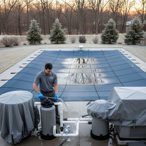 Hands holding water testing strips to check pool water chemical balance before closing.