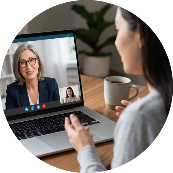 A woman speaking with an online psychiatrist.