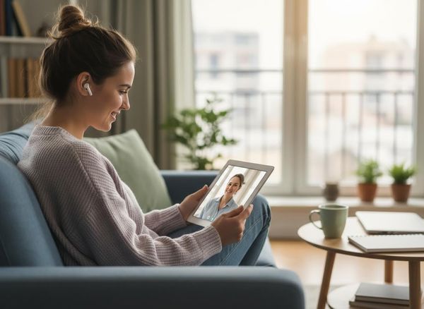 Young woman video conferencing at home
