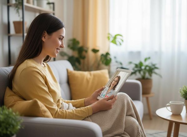 Woman on video call with therapist on tablet
