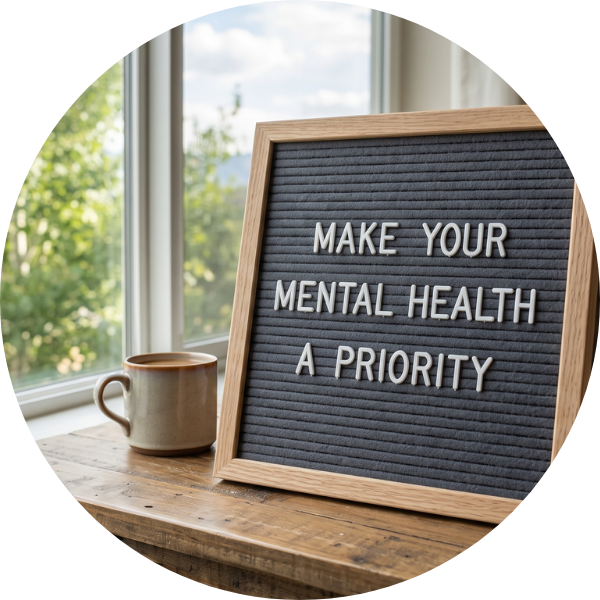 A letterboard sign saying "Make Your Mental Health A Priority."
