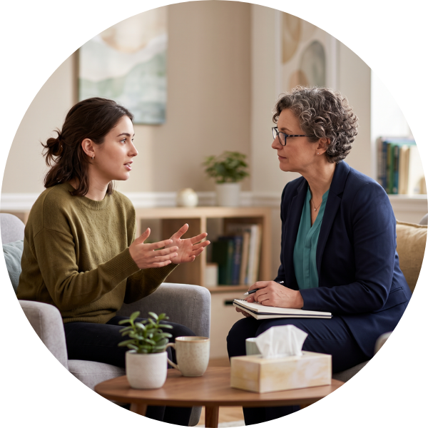 A woman speaking with a therapist.