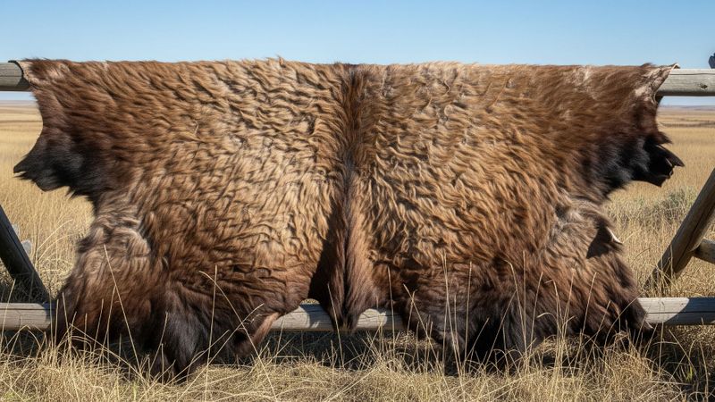 buffalo hide hanging on fence