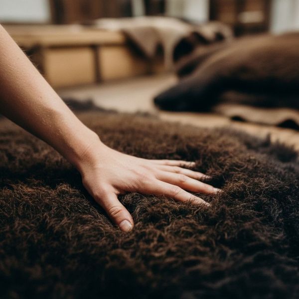 Close-up of a hand examining the texture and quality of a dark bison hide.