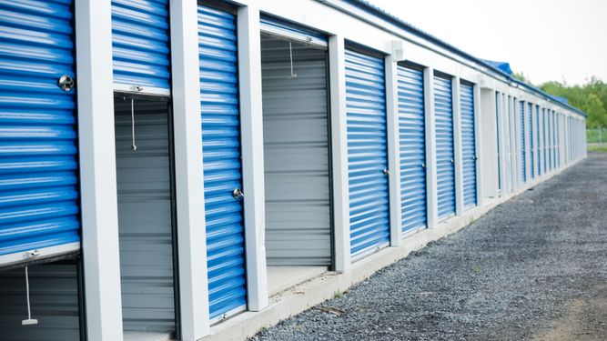 row of blue storage units