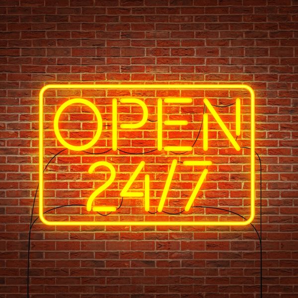open 24/7 neon sign