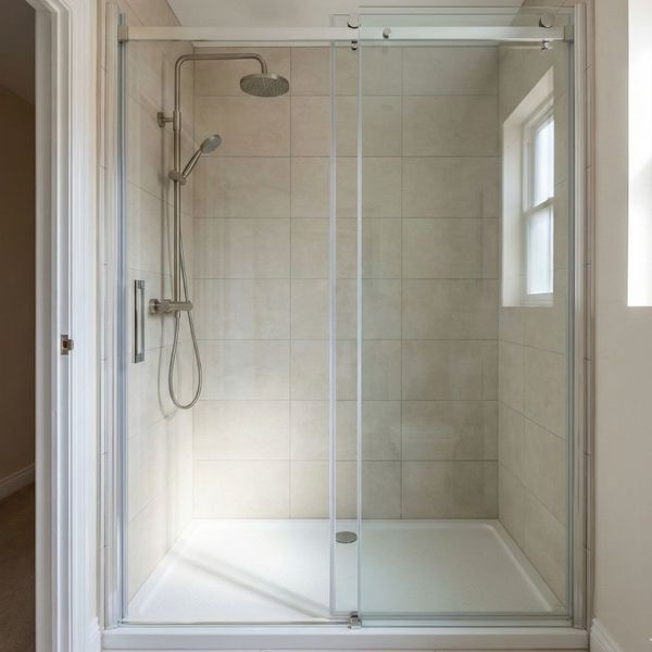 Low-threshold walk-in shower base with glass enclosure