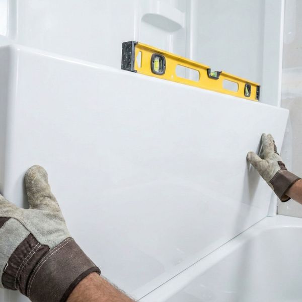 Close-up of a professional installer's gloved hands fitting a white acrylic wall panel during a quick bathroom renovation.
