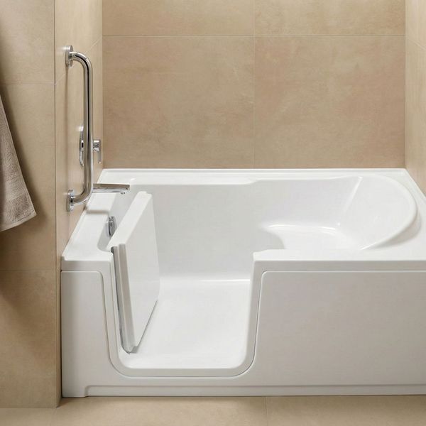 A modern walk-in bathtub featuring a low step-in threshold, built-in seat, and a stylish chrome safety grab bar.