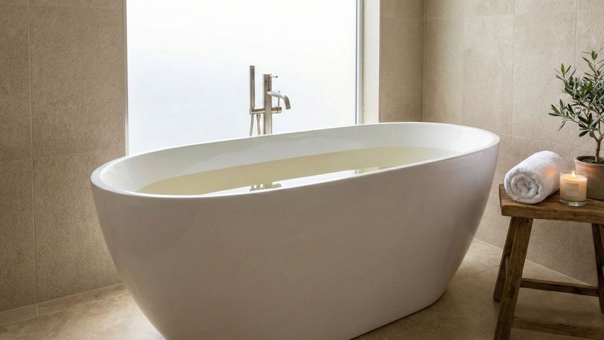 A luxurious spa-style bathroom featuring a freestanding deep-soaking bathtub, natural stone textures, and relaxing decor. A luxurious spa-style bathroom featuring a freestanding deep-soaking bathtub, natural stone textures, and relaxing decor.