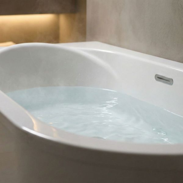 Close-up view of a deep acrylic soaking bathtub filled with steaming warm water, highlighting the ergonomic backrest.