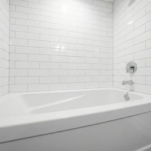A minimalist bathroom corner featuring a high-gloss white acrylic bathtub set against clean white subway tiles.